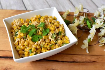 Homemade fancy Mexican street corn salad ready to share and eat from simple home meal kit