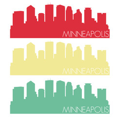 Minneapolis Chicago Skyline Silhouette City Stamp Vector Color Vintage Set.