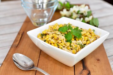 Homemade fancy Mexican street corn salad ready to share and eat from simple home meal kit