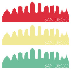 San Diego Skyline Silhouette City Famous Vector Vintage Color Set Design.