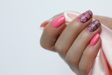Stylish trendy female manicure. Beautiful Nail Art Manicure. Nail designs with decoration.
