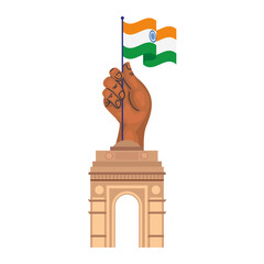 india gate, famous monument and hand with india flag