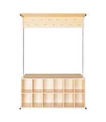 Wooden bench in the hallway with cells for shoes, carved on a white background.