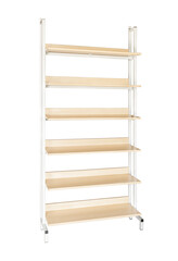 Wooden bench in the hallway with cells for shoes, carved on a white background.