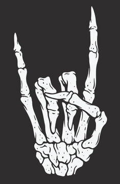 Skeleton hand making rock sign. Vintage illustration style.
