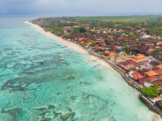 Coast Jungut Batu village on the island of Lembongan. Indonesia. Aerial view.