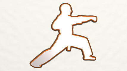 man doing karate made by 3D illustration of a shiny metallic sculpture on a wall with light background. woman and exercise