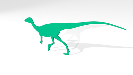 Fototapeta premium DINOSAUR from a perspective on the wall. A thick sculpture made of metallic materials of 3D rendering. illustration and animal