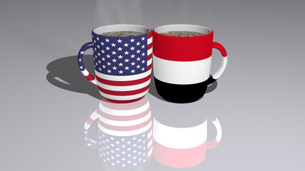 Fototapeta premium Relationship of presented by their national flags on cups of tea or coffee as editorial or commercial picture