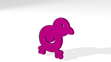 CHICK on the wall. 3D illustration of metallic sculpture over a white background with mild texture. bird and chicken