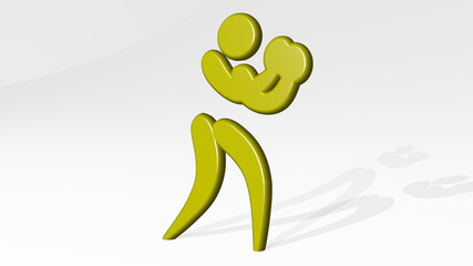 ATHLETIC MAN on the wall. 3D illustration of metallic sculpture over a white background with mild texture. athlete and active