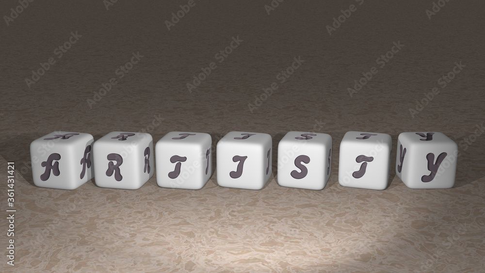 Aufkleber artisty built by dice letters and color crossing for the related meanings of the concept by 3d rende