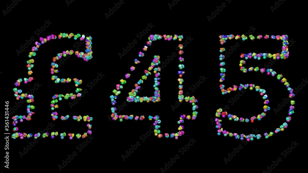 Poster £45 written in 3d illustration by colorful small objects casting shadow on a black background