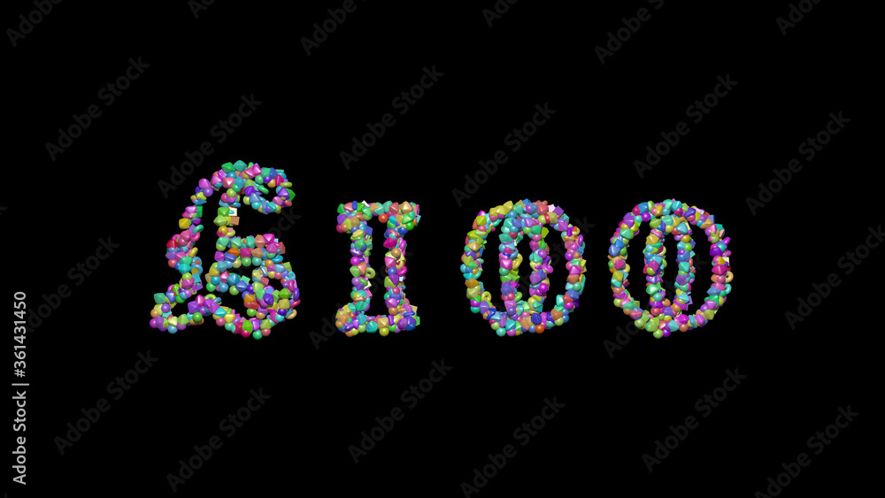 Poster £100 written in 3d illustration by colorful small objects casting shadow on a black background
