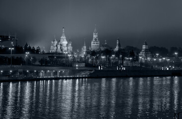 Naklejka premium Night city in the fog, Moscow, Russia.