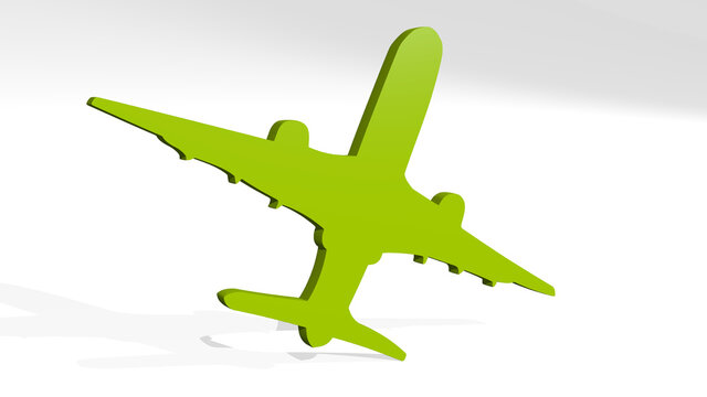 AEROPLANE made by 3D illustration of a shiny metallic sculpture on a wall with light background. airplane and aircraft