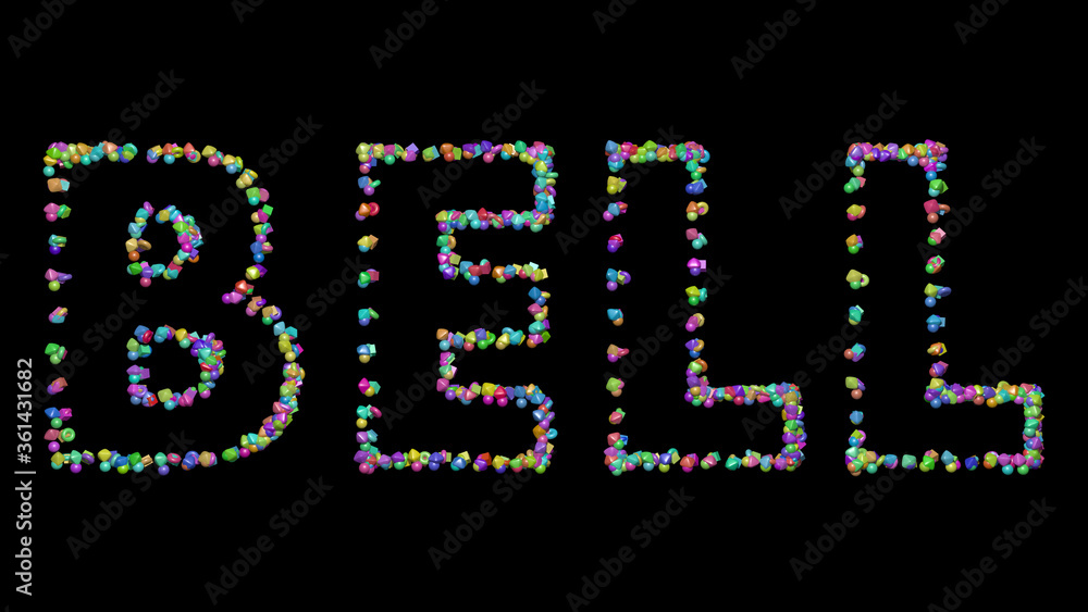 Poster bell: 3d illustration of the text made of small objects over a black background with shadows. church