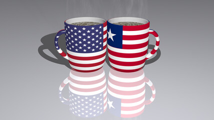 Obraz premium relationship shown by national flags over coffee cups on mirror floor as editorial and commercial image