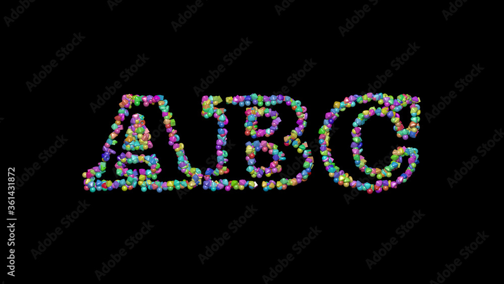 Poster abc: 3d illustration of the text made of small objects over a black background with shadows. alphabe