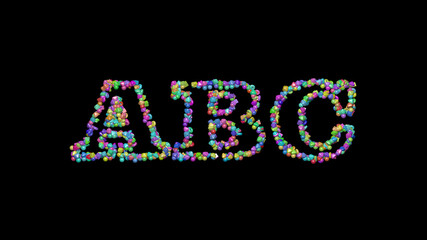 ABC: 3D illustration of the text made of small objects over a black background with shadows. alphabet and letter