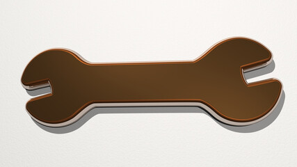 wrench made by 3D illustration of a shiny metallic sculpture on a wall with light background. icon and repair