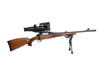 Rifle on a bipod with a telescopic sight isolated on white background