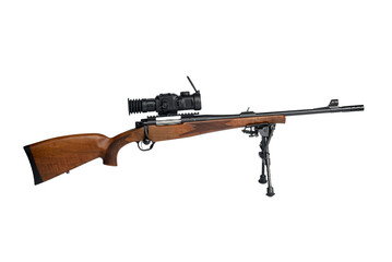 Rifle on a bipod with a telescopic sight isolated on white background