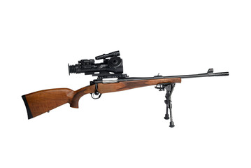 Rifle on a bipod with a telescopic sight isolated on white background