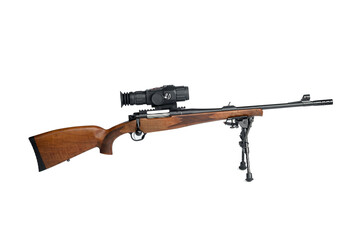 Rifle on a bipod with a telescopic sight isolated on white background