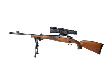 Rifle on a bipod with a telescopic sight isolated on white background