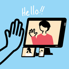 Man on computer in video chat with hello hand vector design