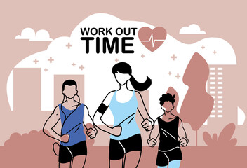 Obraz premium Woman and men running and work out time vector design