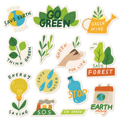 Set of Ecology Sticker with slogan in doodle style vector illustration