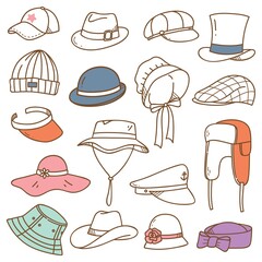 Set of hats doodle isolated on white background