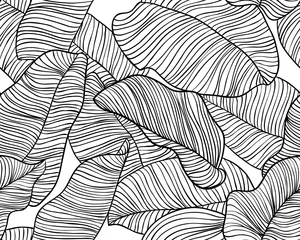 Gardinen Seamless pattern, hand drawn outline black ink banana leaves on white background © momosama