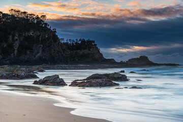 Sunrise seascape and low cloud bank