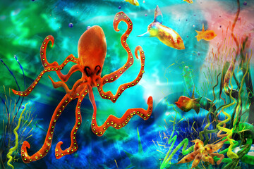 Fototapeta na wymiar Sea life. Octopus in the sea with tropical fishes. Underwater world colorful illustration. 