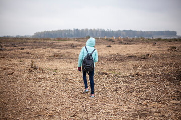 Naklejka na ściany i meble A girl walks across the field. Cut down forest.