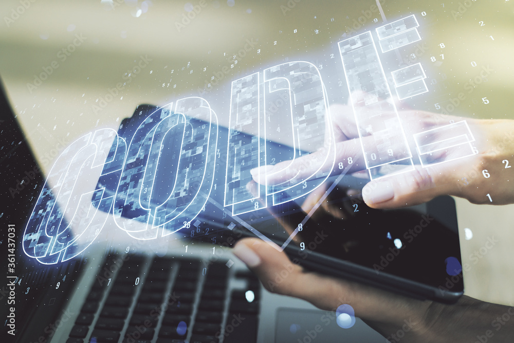 Poster creative code word hologram and finger clicks on a digital tablet on background, artificial intellig