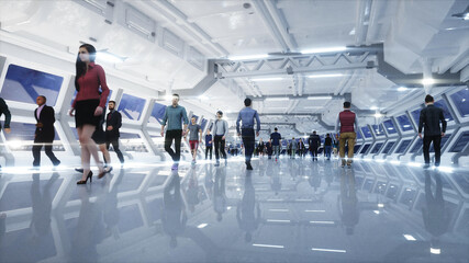 3d people in Sci fi tonnel. Traffic. Concept of future. 3d rendering.