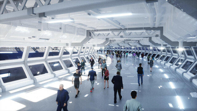 3d people in Sci fi tonnel. Traffic. Concept of future. 3d rendering.