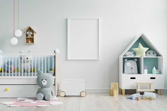 Mock up poster frame in children room,kids room,nursery mockup,white wall.