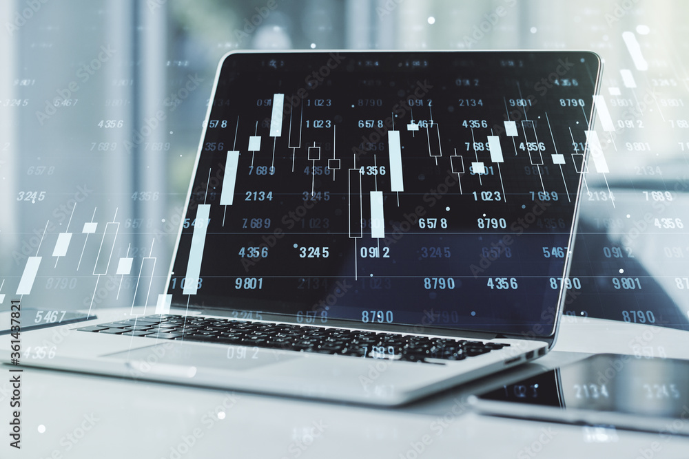 Poster multi exposure of creative statistics data hologram on laptop background, stats and analytics concep