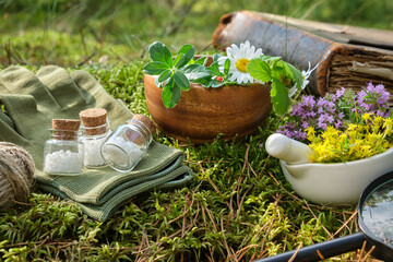 Bottles of homeopathic globules, mortars of medicinal herbs, old book and magnifying glass on a moss in forest outdoors.