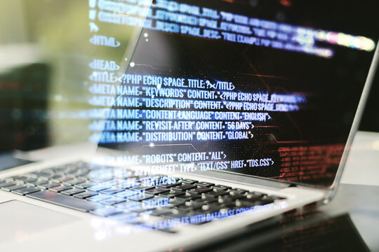 Multi exposure of abstract programming language hologram on computer background, artificial intelligence and machine learning concept