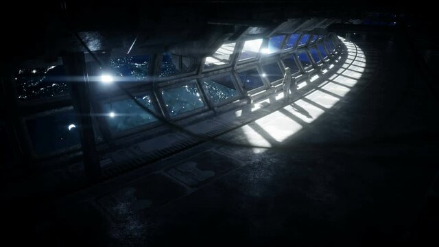 alone astronaut in futuristic space corridor, room. view of the earth. cinematic 4k footage.