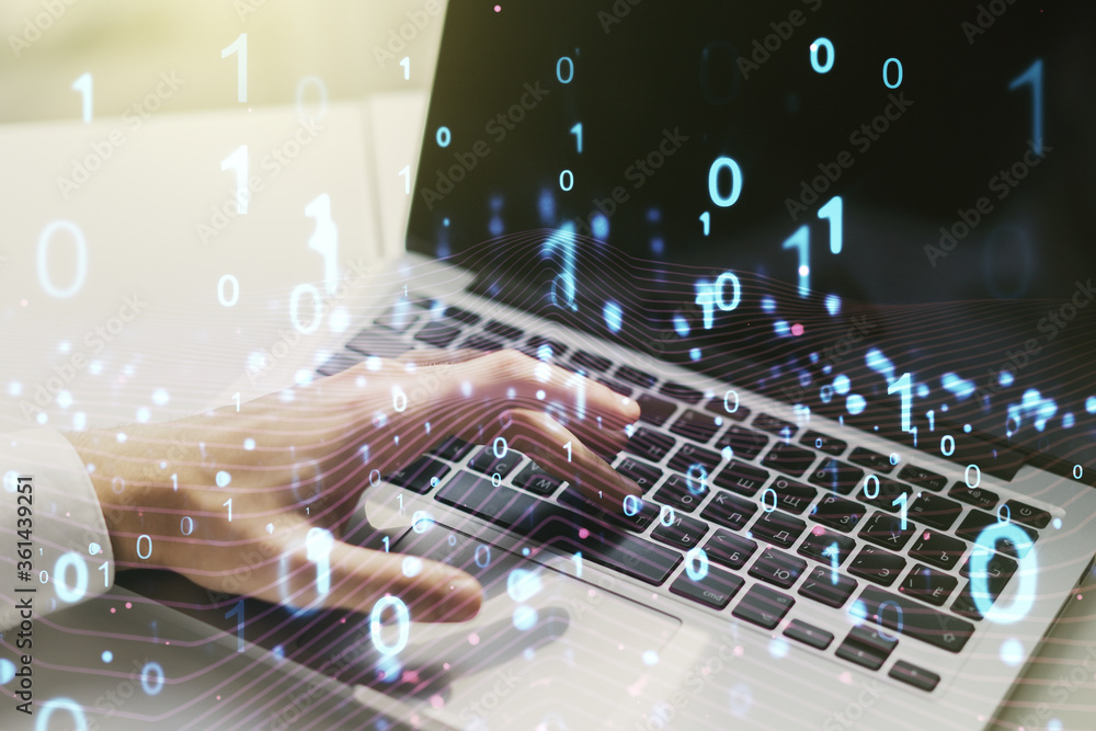 Poster creative abstract binary code hologram and hands typing on computer keyboard on background, ai and m