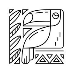 Toucan square graphic poster. Linear print for t-shirt, bag, card. Black stylized illustration of tropical bird with big beak, leaves, pattern. Cartoon parrot. Contour vector image, white background