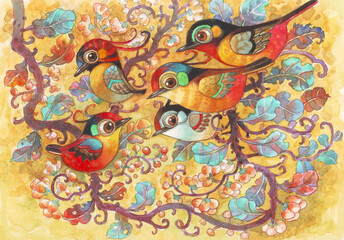 Five birds in the  fantasy forest.Watercolor hand made illustration for greeting card,background,wallpaper,printing,advertising,poster,animals cartoon image,birds cartoon image,decoration,pattern.