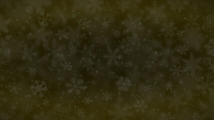 Christmas background of snowflakes of different shapes, sizes, blur and transparency in dark yellow colors